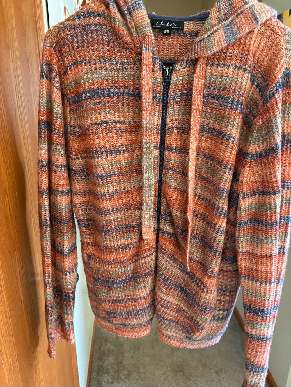 Charlie B Orange and Navy Striped Hooded Zip Sweater